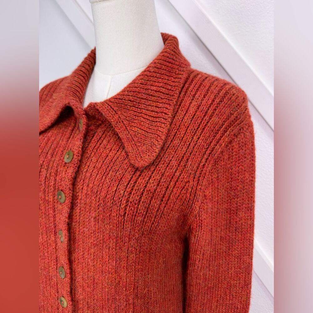 Inis Meain 100% Baby Alpaca Ribbed Collared Cardigan Sweater Rust Red Ireland Lg - Picture 3 of 11